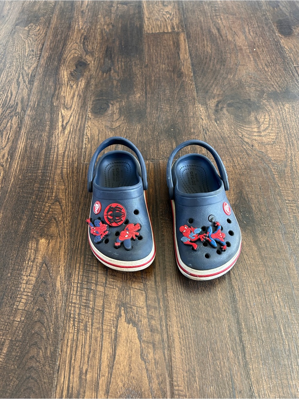 CROCS Navy Blue Kids Clog Sandals with Red Spiderman Accents